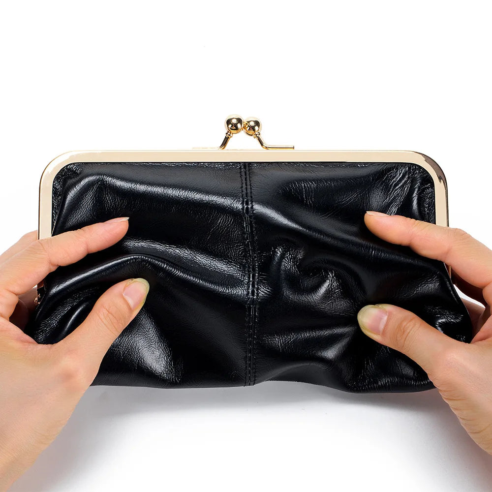 Genuine Leather Long Clutch Wallet Clip Bags Vintage Coin Purse Card Holder Key Lipstick Storage Phone Pouch Case For Women