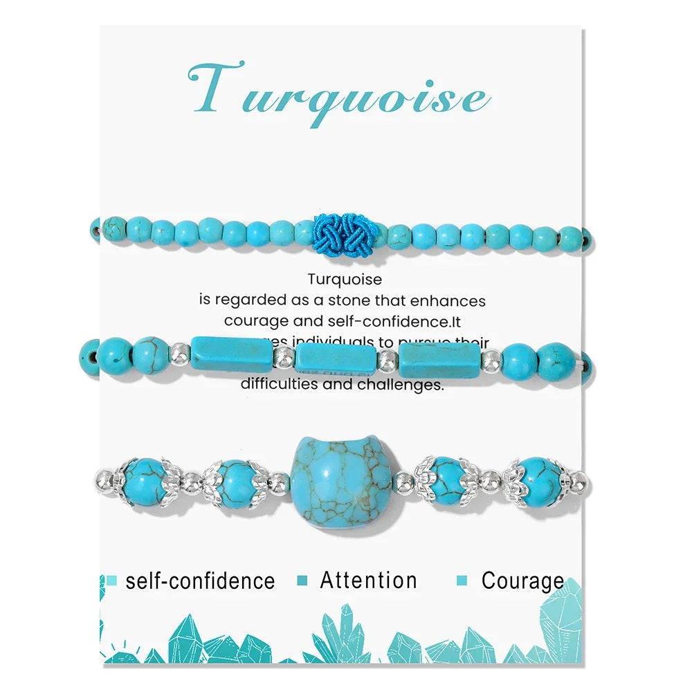 3pcs/set Natural Stone Tiger Eye Turquoises Bracelet Rose Quartzs Crystal Beads Charm Bracelets Cat Head Jewelry for Women Gift