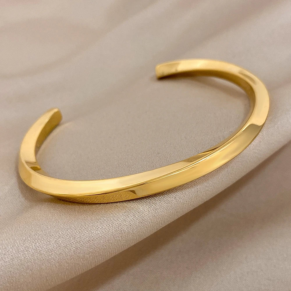FLASHBUY 316L Stainless Steel Simple Gold Color Cuff Bangles Bracelets for Women Men New Trendy Waterproof Jewelry Gift