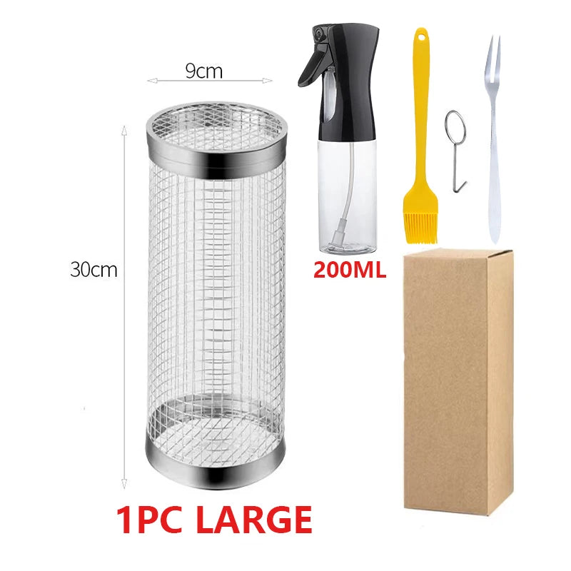 BBQ Grill Basket Stainless Steel Rolling Grilling Baskets for Ideal for Cooking Meat French Fries Vegetables on Outdoor Barbecue