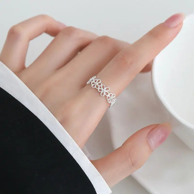 925 Sterling Silver Unique Hollow Flower Rings For Women Girls Jewelry Finger Adjustable Open Blossom Ring Party Birthday Gift