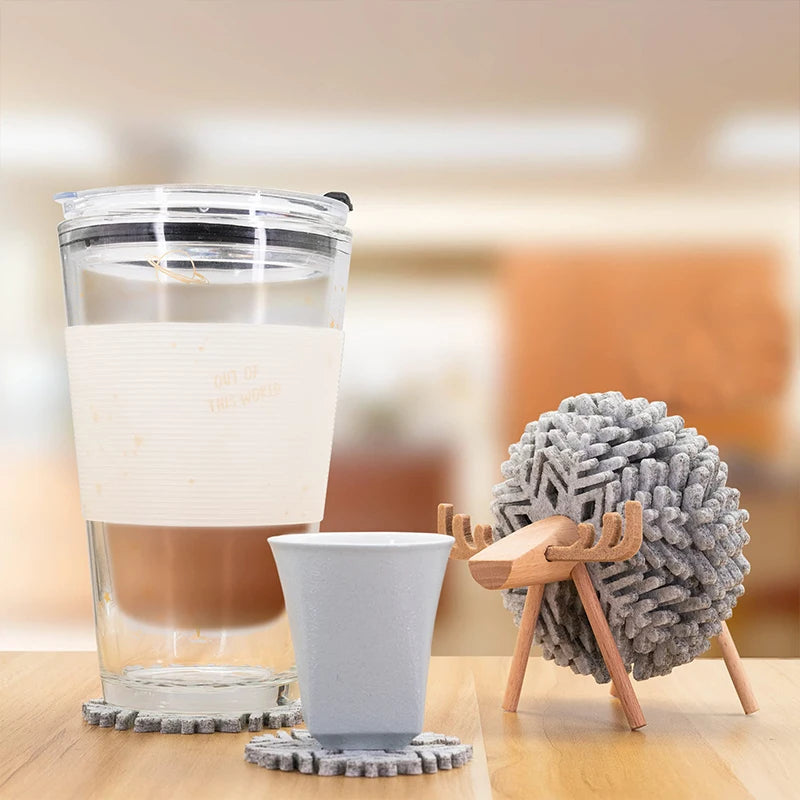 Hemasa Cartoon Felt Coaster Sheep Shape Non-Slip Coaster High Temperature Insulation Circular Coaster Creative Styling Decoration