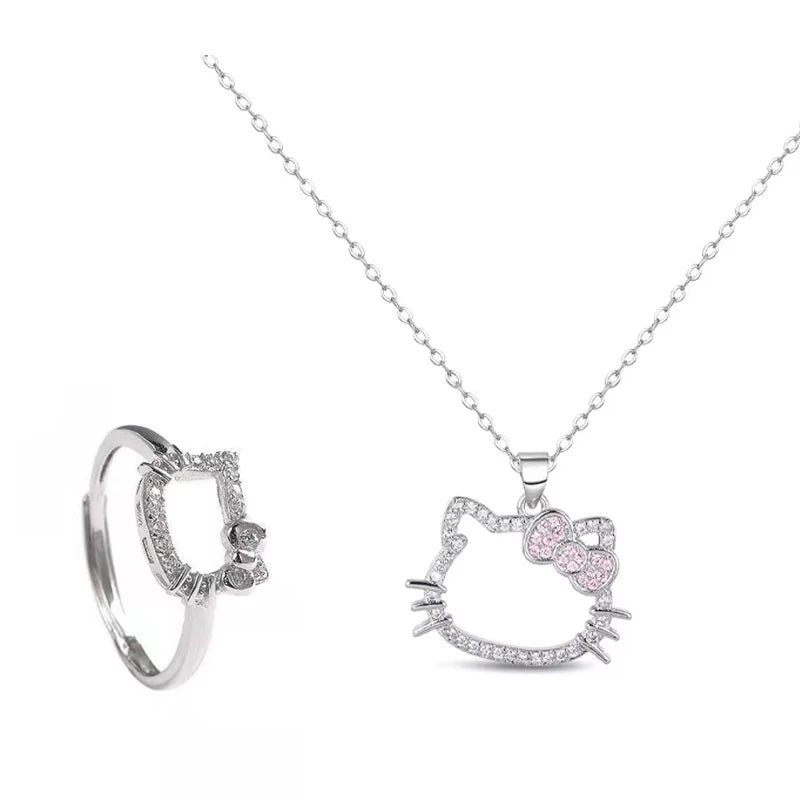 New Kawaii Sanrio Hello Kitty Sparkling Diamond Necklace Cartoon Cute Sexy Clavicle Chain Girl Cute Ring Jewelry Holiday Gifts