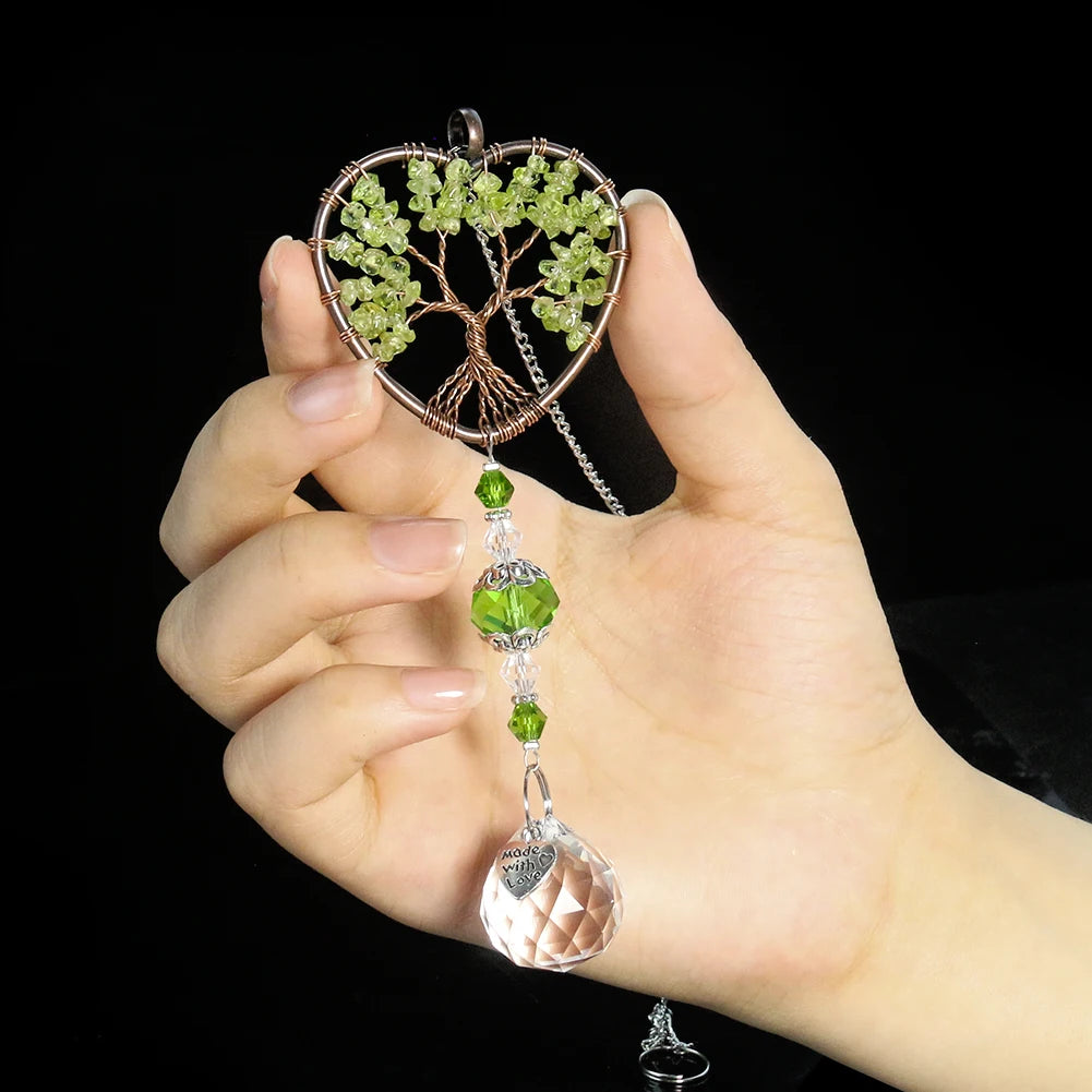Natural Green Crystal Gemstone Quarz Love Heart Tree of Life Crystal Ball Prism Pendant Suncatcher Yoga Meditation Hanging Decor