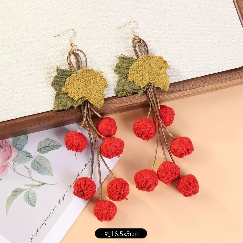 Unique Fabric Flower Earrings Creative Handmking Statement Jewelry Exaggerated Boho Earrings Vintage Ethnic Tassel Long Earrings