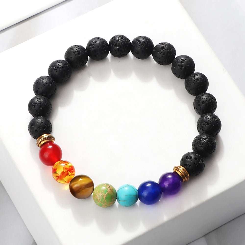 Hemasa 7Chakra Beaded Bracelets Natural Tiger Eye Stone Black Lava Yoga Healing Bracelet for Women Men Meditation Bangles Jewelry Gift