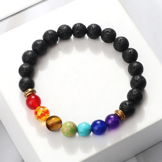 Hemasa 7Chakra Beaded Bracelets Natural Tiger Eye Stone Black Lava Yoga Healing Bracelet for Women Men Meditation Bangles Jewelry Gift