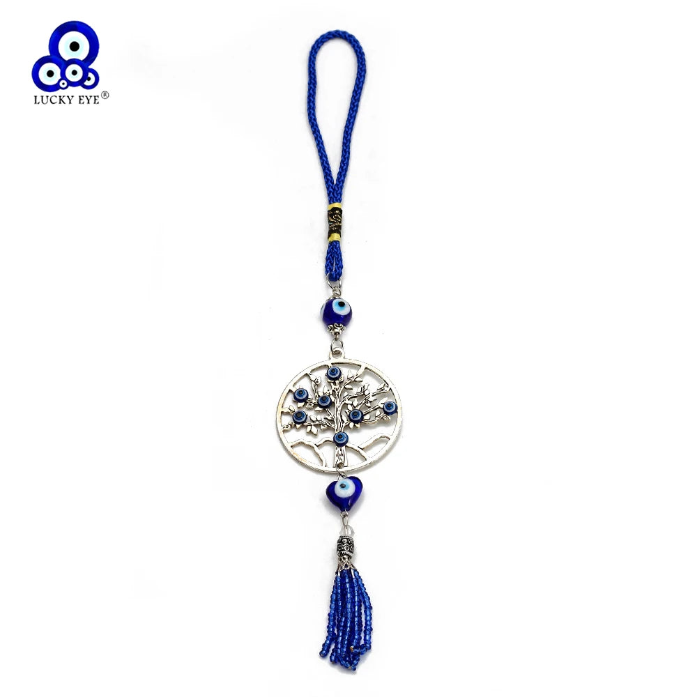 Lucky Eye Alloy Tree of Life Pendant Wall Hanging Tassel Heart Turkish Evil Eye Bead Keychain Car Keyring for Women Men Jewelry