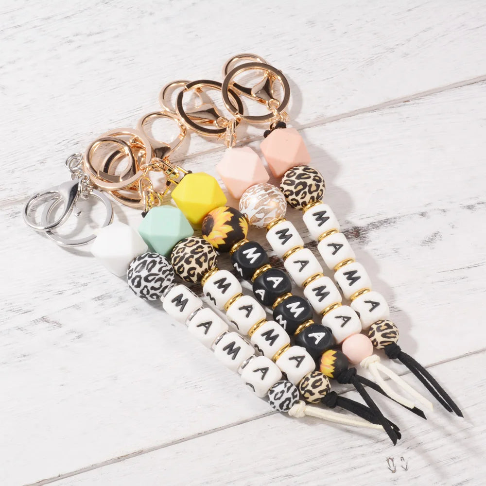 Hemasa  Leopard Print Silicone Beads Keychain Key Ring Sunflower Tassel Pendant Mom Charm Mother's Day Gifts Accessories