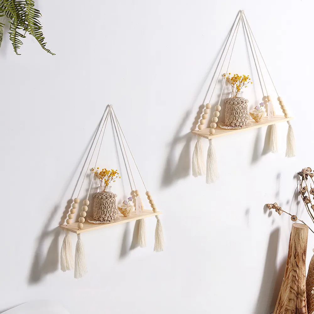 Hemasa 2Pcs Wooden Wall Shelf   Wood Beads /Macrame Leaf Floating Shelves
