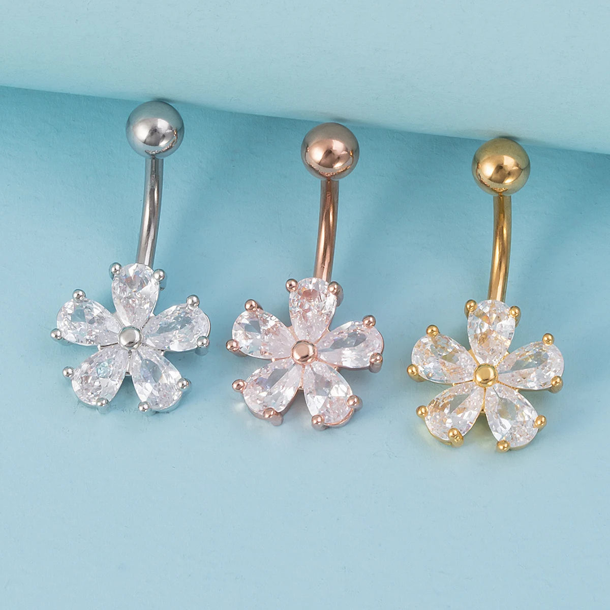 1pc Flower Zircon Belly Button Ring Navel Piercing Stud Stainless Steel Bar Ombligo Stud Body Jewelry