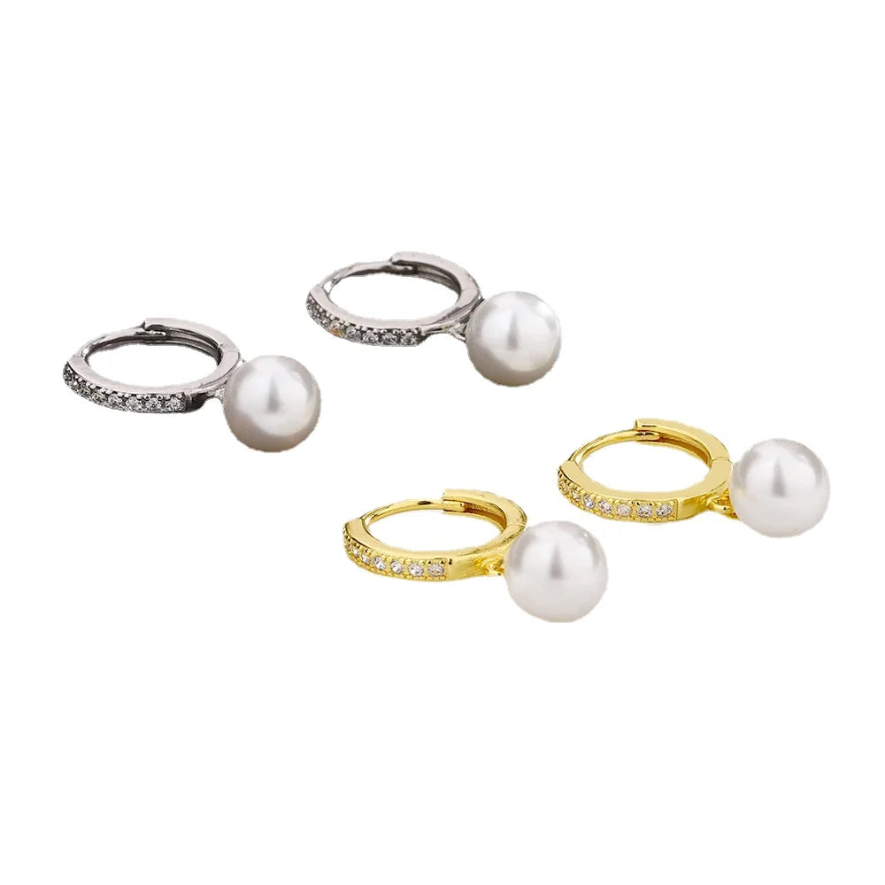 Hemasa Silver Color Simulated Pearl Inlaid Zircon Dangle Earrings for Women Classic Drop Round Ear Buckle Wedding Bride Luxury Jewelry
