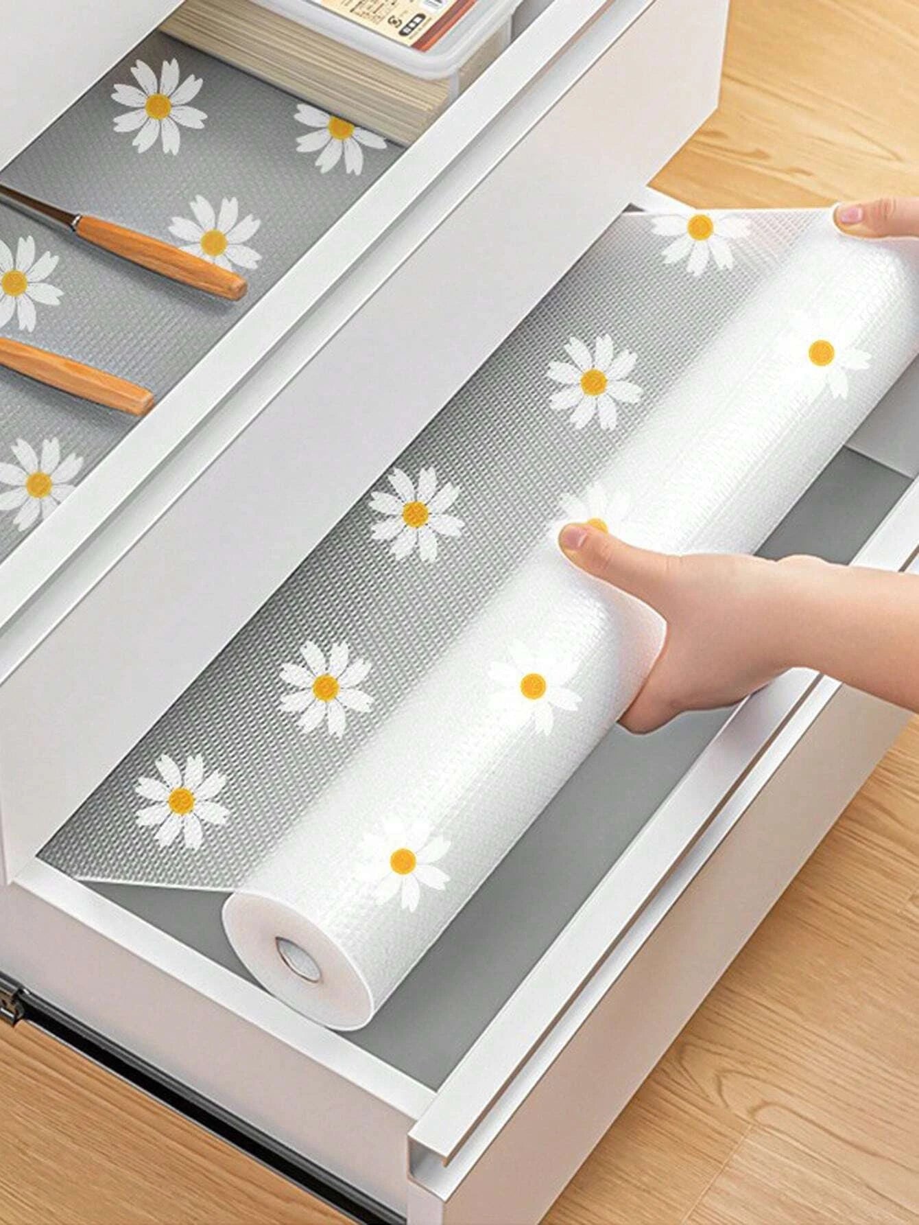 Hemasa 1 Roll Daisy Shelf Liner For Kitchen Cabinets EVA Waterproof Fridge Pad Cupboard Mat Easy Placemats Non-Adhesive Drawer Liner