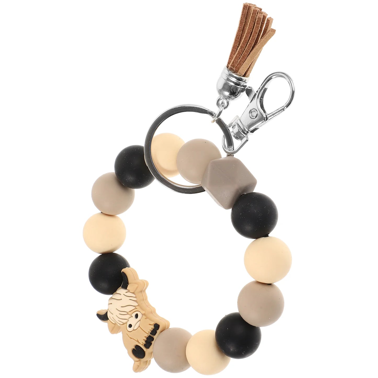 Highland Cow Keychain Silicone Bracelet Beaded Keyring Wristlet Wristbands Multi-function
