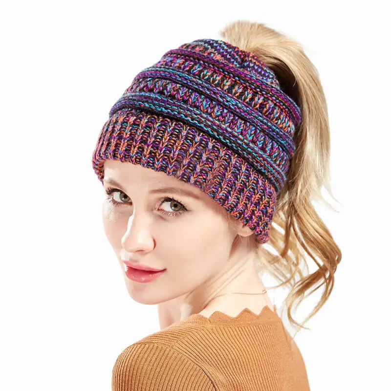 Tejesa Mixed color knitted woolen hat, women's ponytail hat, warm hat, toe cover, ear protection hat, hot selling