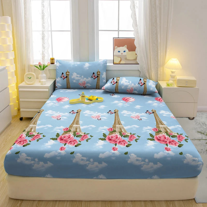 1 Simple Modern Plant Flower Printed Matte Fitted Sheet, Bedroom Printed Bed Cover, Bedding (Excluding Pillowcases)