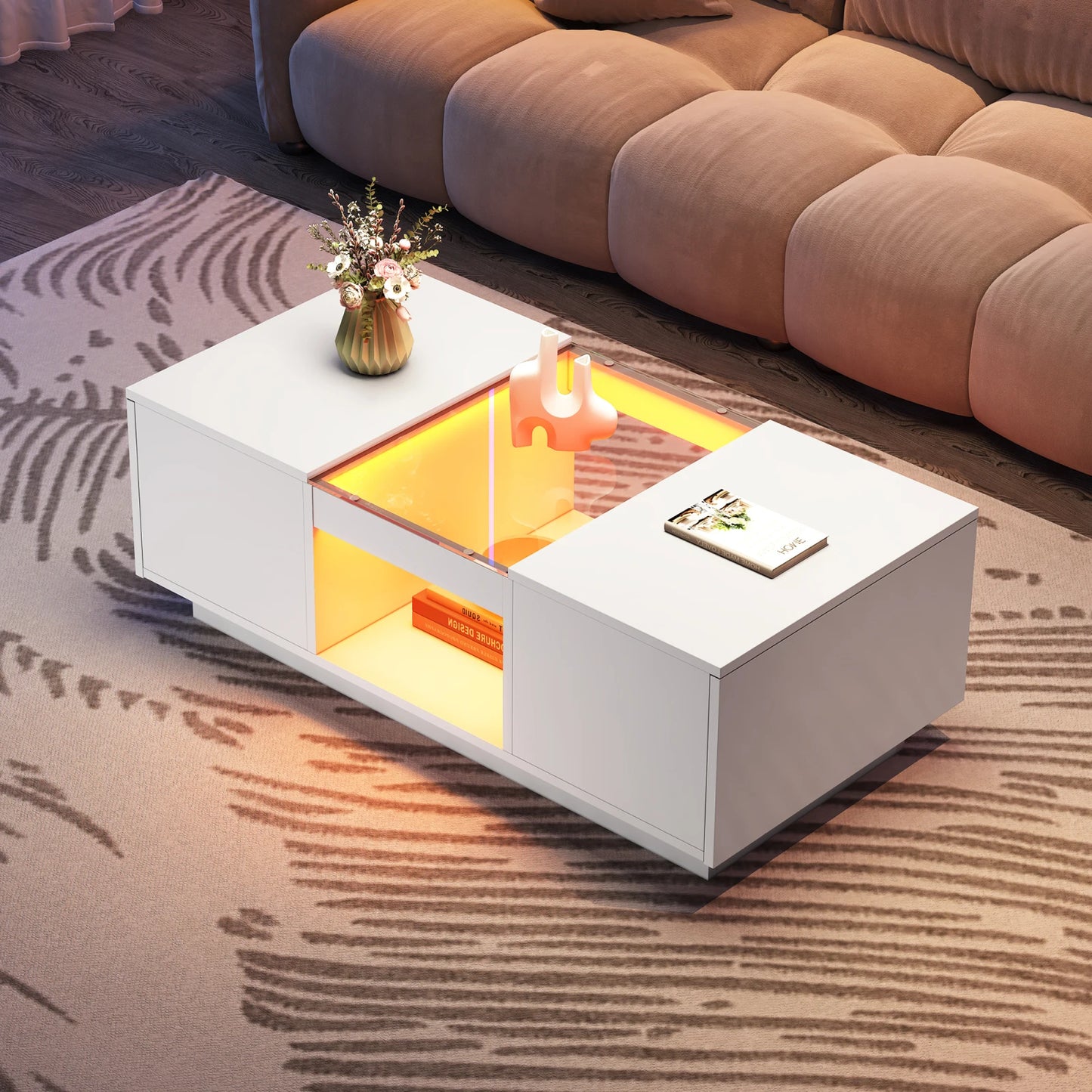 LED Lights Coffee Table For Living Room, Modern Center Table With Storage, 2 Tiers And 2 Drawers, Large Living Room Center Table