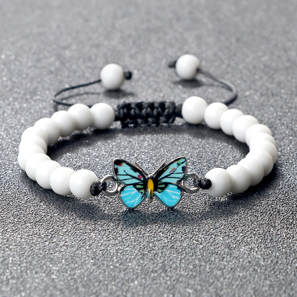 Men Bohemian Blue Butterfly Bracelet Handmade Women Natural Stone Agate Black Lava Beads Bracelets Bangles Fashion Wrist Jewelry
