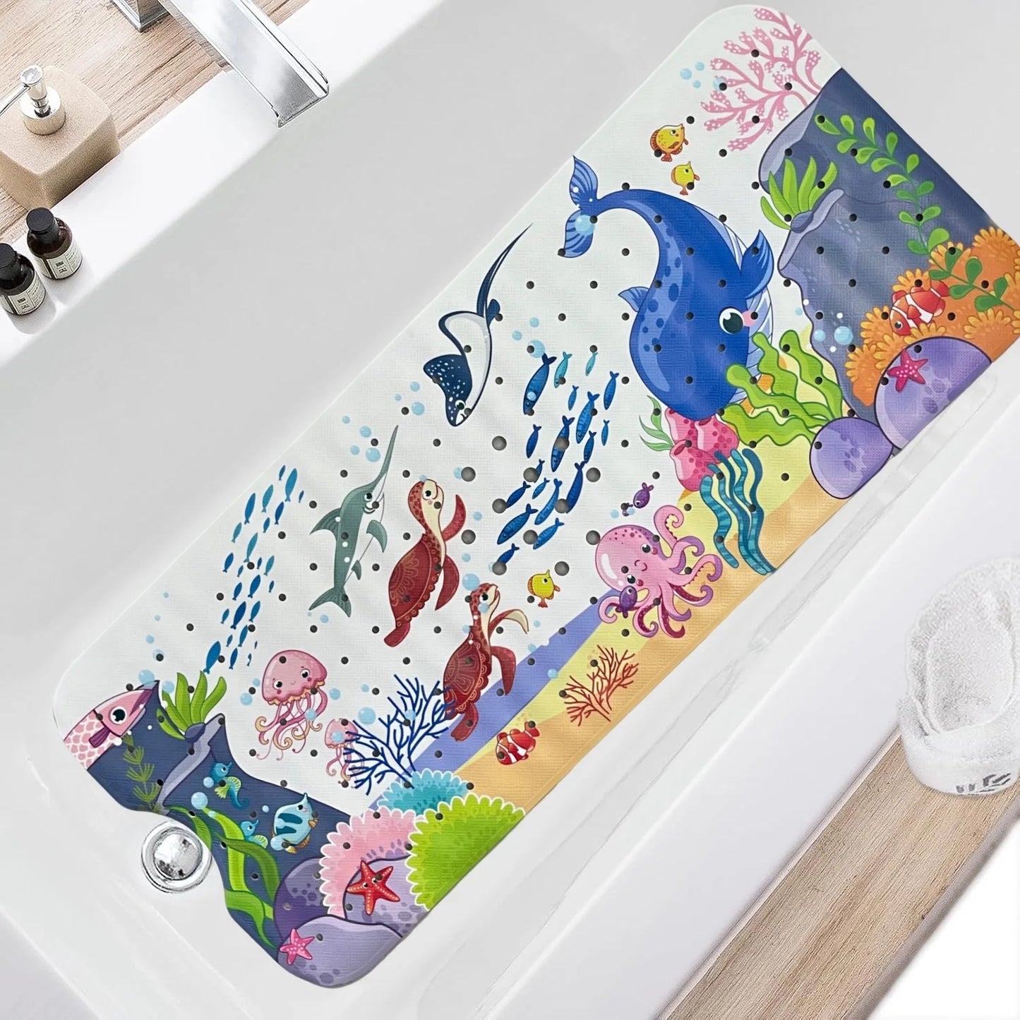 1pc Non Slip Bathtub Mats, 40x100cm Cartoon Ocean Bath Mats with Suction Cups & Dran Holes, PVC Shower Mats Bath Rugs Quick Dry