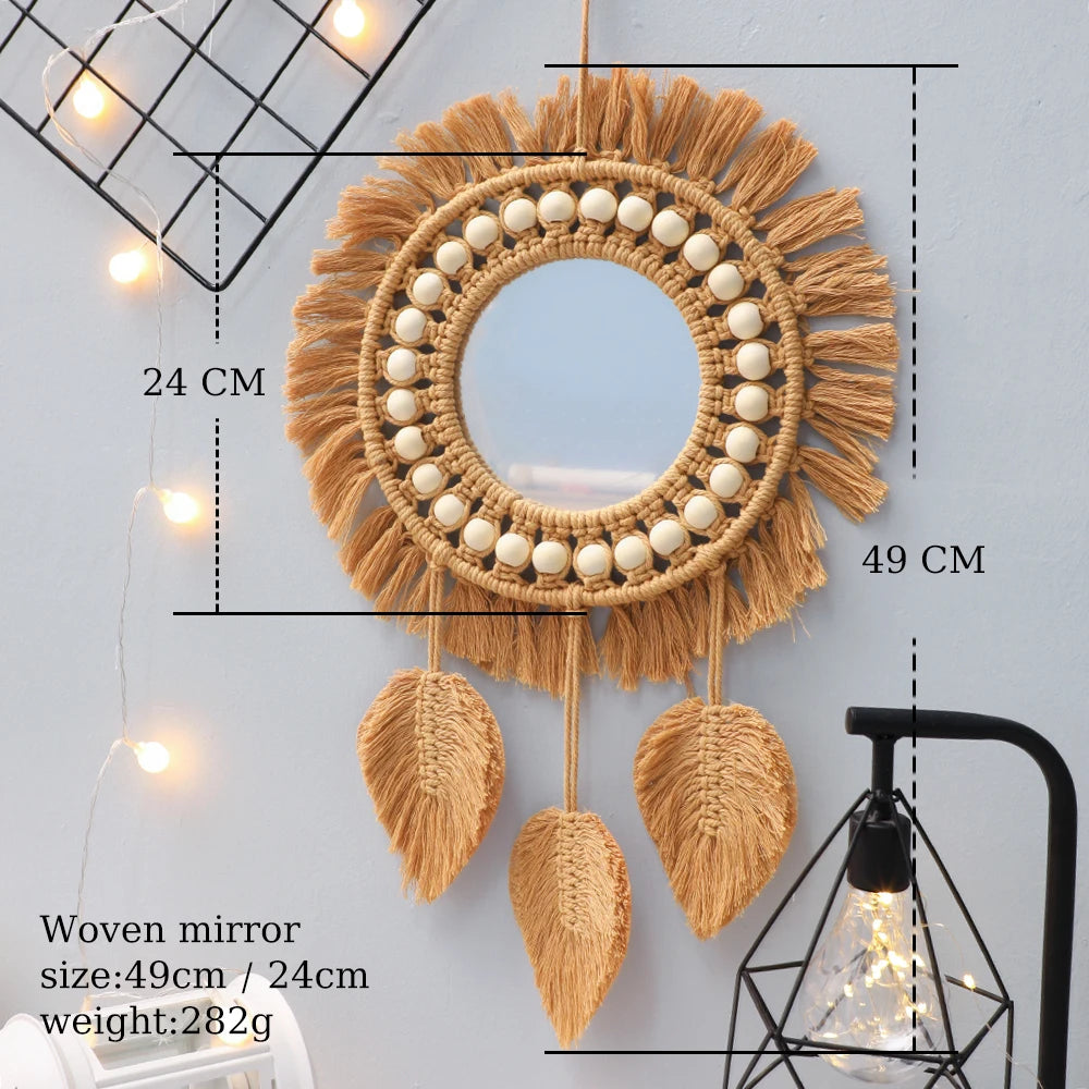 Hemasa Round Wall Mirrors Room Decor Handmade Macrame Decorative Hanging Mirror Living Room Bedroom Home Apartment Decoration