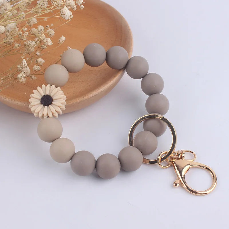 Food Grade Silicone Round Beaded Keychain Fashion Women Wristlet Bracelet Keyring For Anti-Loss Lobster Clasp Keychain Jewelry