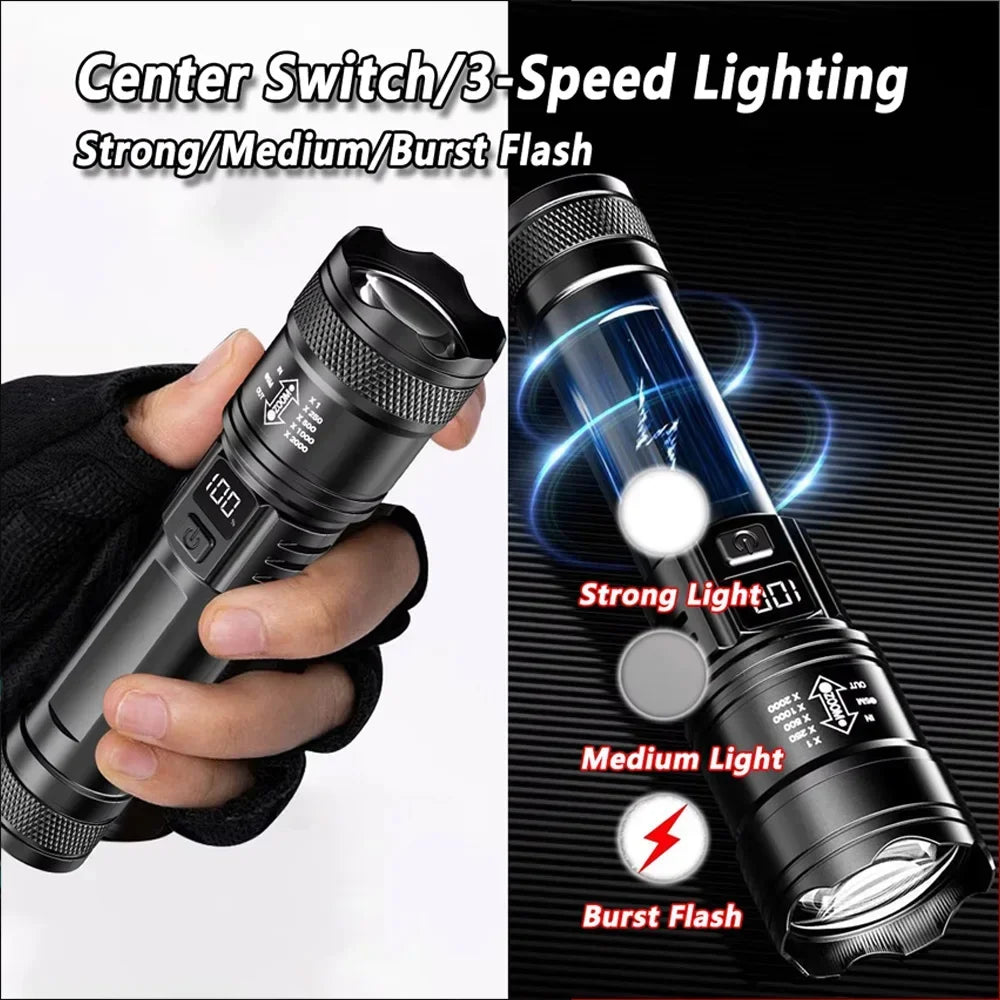Hemasa LED Flashlight USB Rechargeable Torch with Display Zoomable Light with Battery Camping Hiking Lantern Emergency Lamp