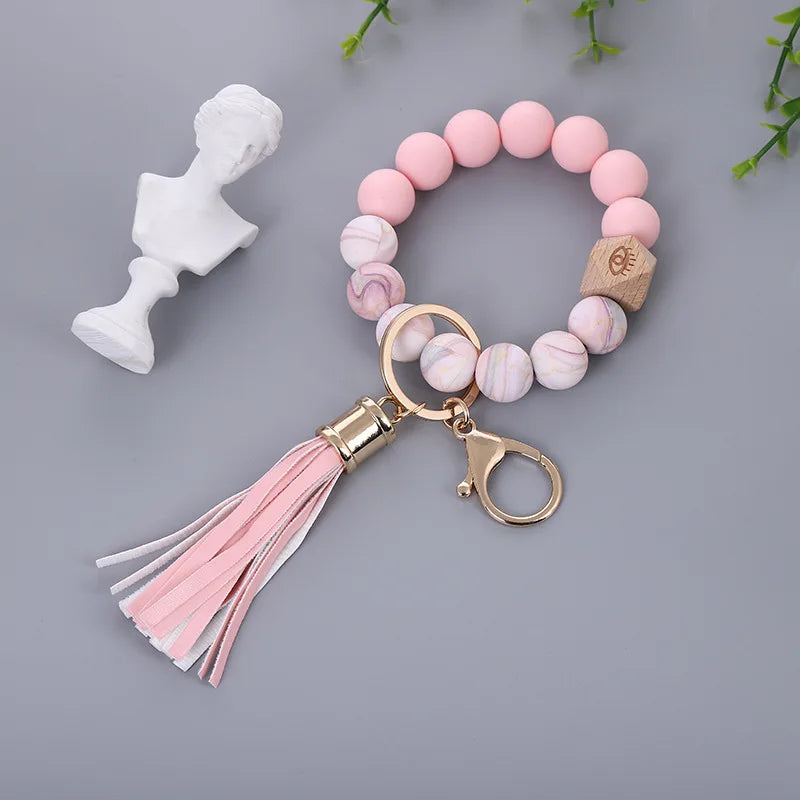 Silicone Keychain For Keys Tassel Wood Beads Bracelet Keyring For Women Multicolor Beads Keychain Fashion Keychain Wholesale