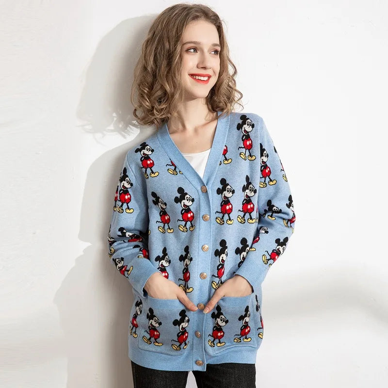 Disney Mickey Knitted Cardigan Japanese Cartoon Sweaters for Women Coat Female Autumn and Winter Loose Wild Thicken Kawaii Tops
