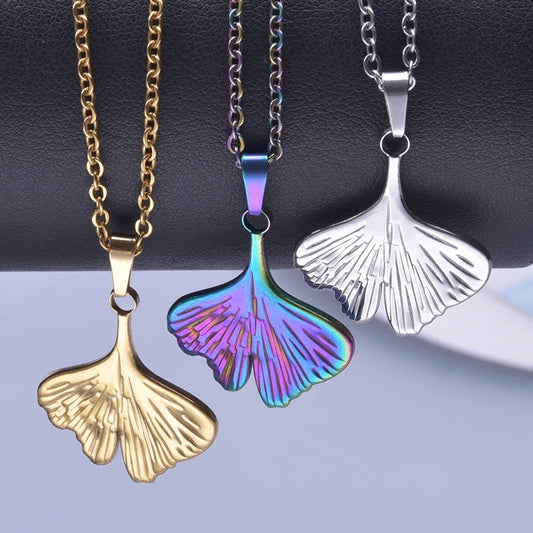 Stainless Steel Gold Color Vintage Ginkgo Leaf Necklace For Women Men Fashion Trend Girl Jewelry Gifts collares para mujer