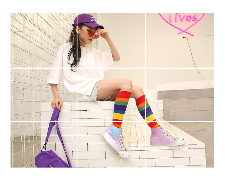 Children Girls Socks Knee Casual Fashion Rainbow Striped Christmas Hose Kids Breathable Cotton Stocking Legwarmers
