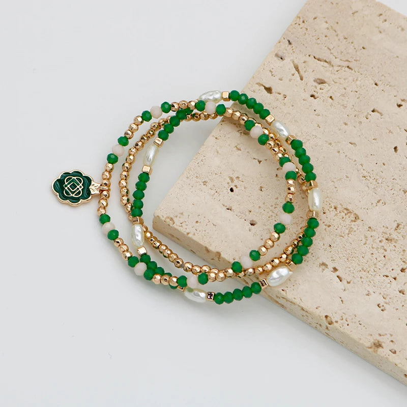 Green Beads Bracelets Set For Women Three Elastic Enamel Charm Fashion Item Cream Mixed Imitation Pearl Jewelry Party Gift C1075