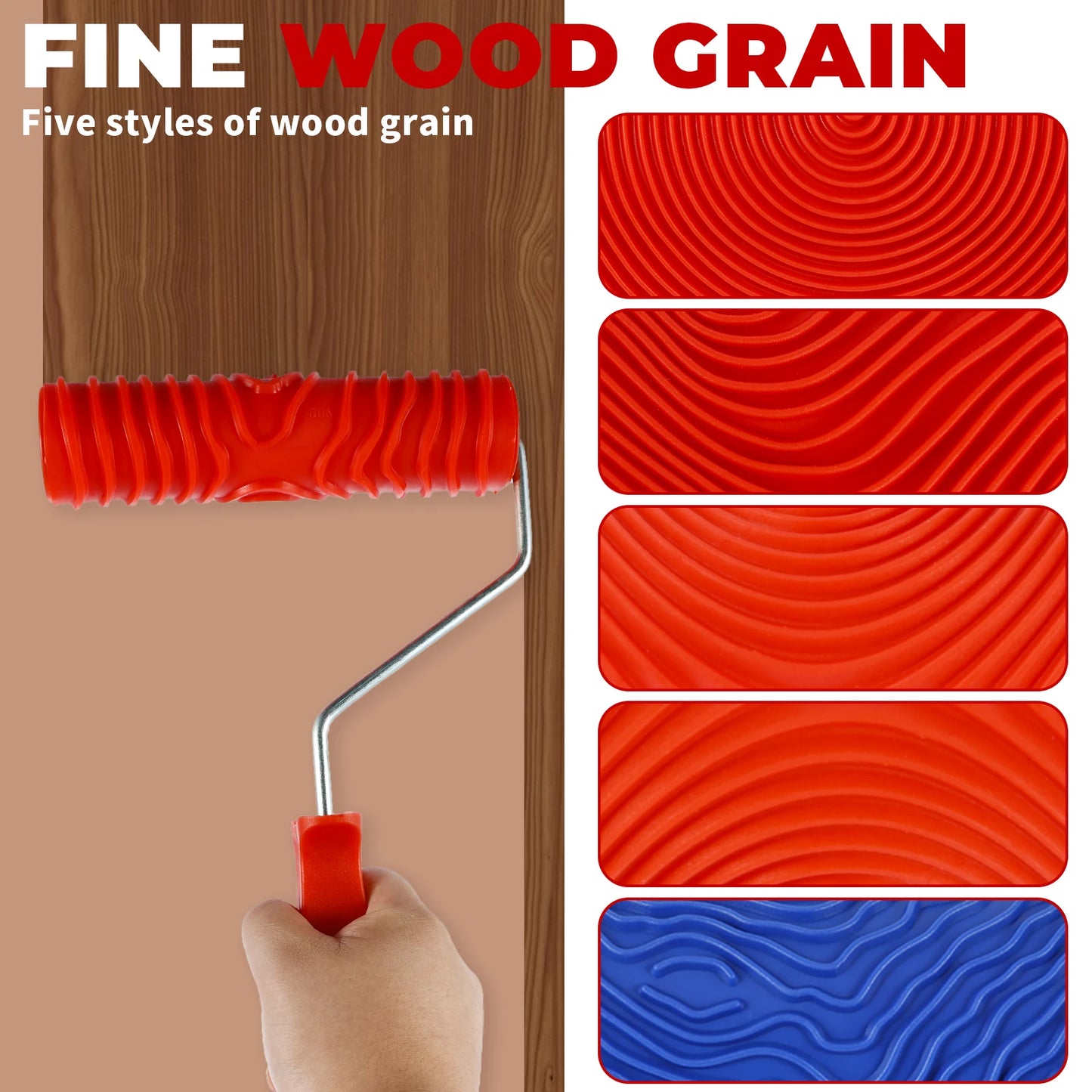 Tejesa 5/6Pcs Wood Graining Tool Professional Wood Grain Patterns Paint Tool Set Rubber Wood Grain Painting Roller with Handle for Wall