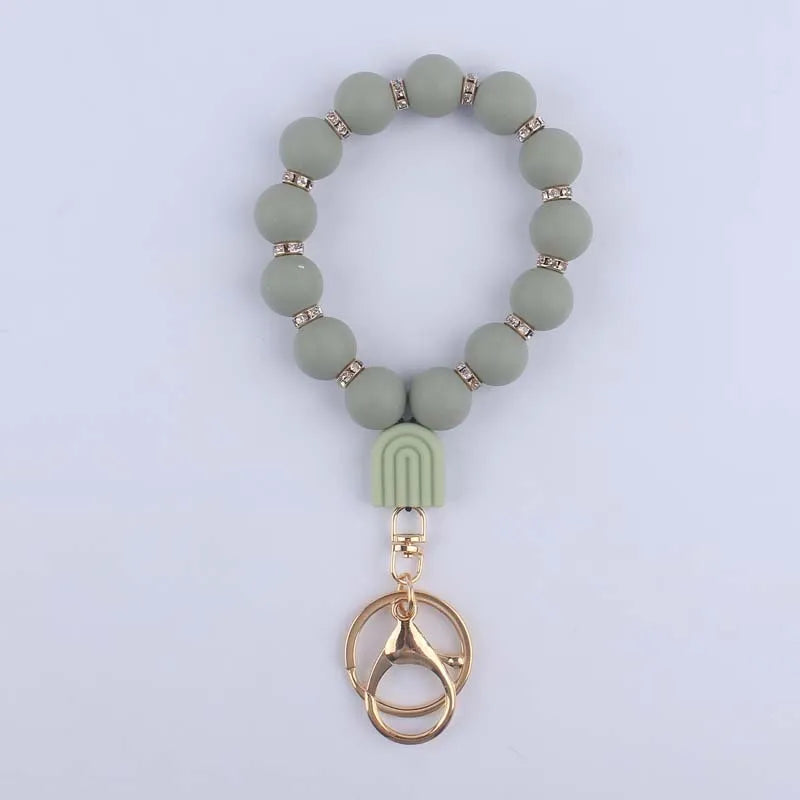 Food Grade Silicone Round Beaded Keychain Fashion Women Wristlet Bracelet Keyring For Anti-Loss Lobster Clasp Keychain Jewelry
