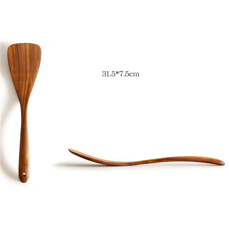 Hemasa  4Pcs  Teak Natural Wood Tableware Spoon Ladle Turner Long Rice Colander Soup Skimmer Cooking Spoons