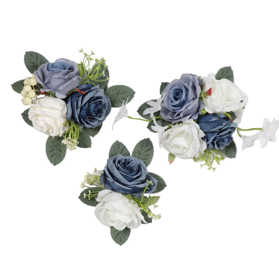 Tejesa 3pcs Pre-made Cake Flowers Toppers Blue White Rustic Boho Wedding Birthday Silk Cake Decoration Flower Party Supplies