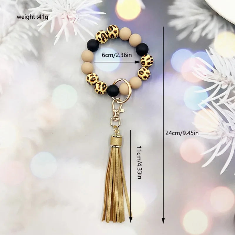 Leopard Print Acrylic Bead Bracelet, with PU Leather Tassels AndKeychain Bag Pendant, Women's Car Wrist Keyring