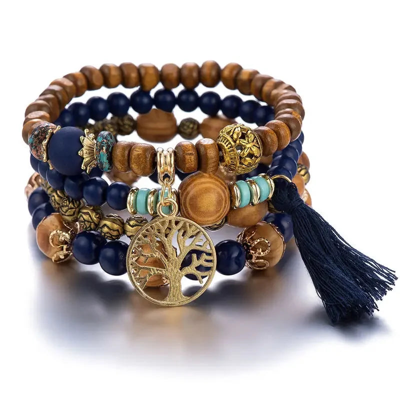 Bohemian Black Tassels Bracelet Set For Women Tree Of Life Charm Wooden Beads Elastic Chain Bangle Girls Fashion Jewelry
