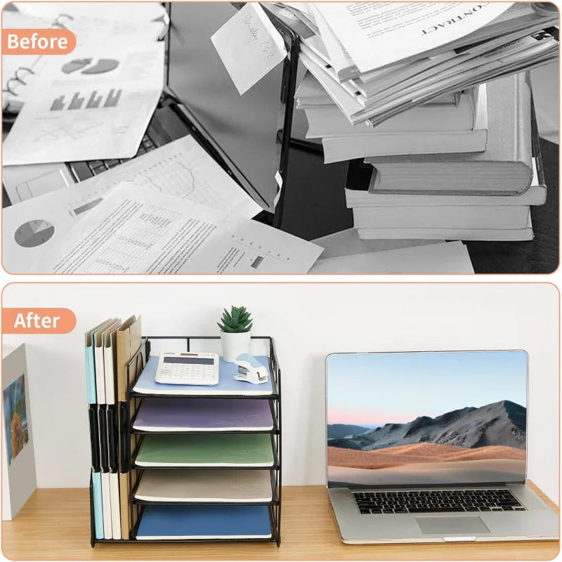 5 - Tier Paper Letter Tray Organizer with File Holder: Office Supplies Desktop Organizer