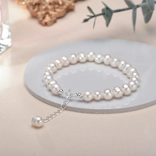 AA White 6-7mm Freshwater Cultured 6-8mm Pearl Bracelet Charms,925 Sterling Silver Pearl Bracelets for Women Girls Ladies