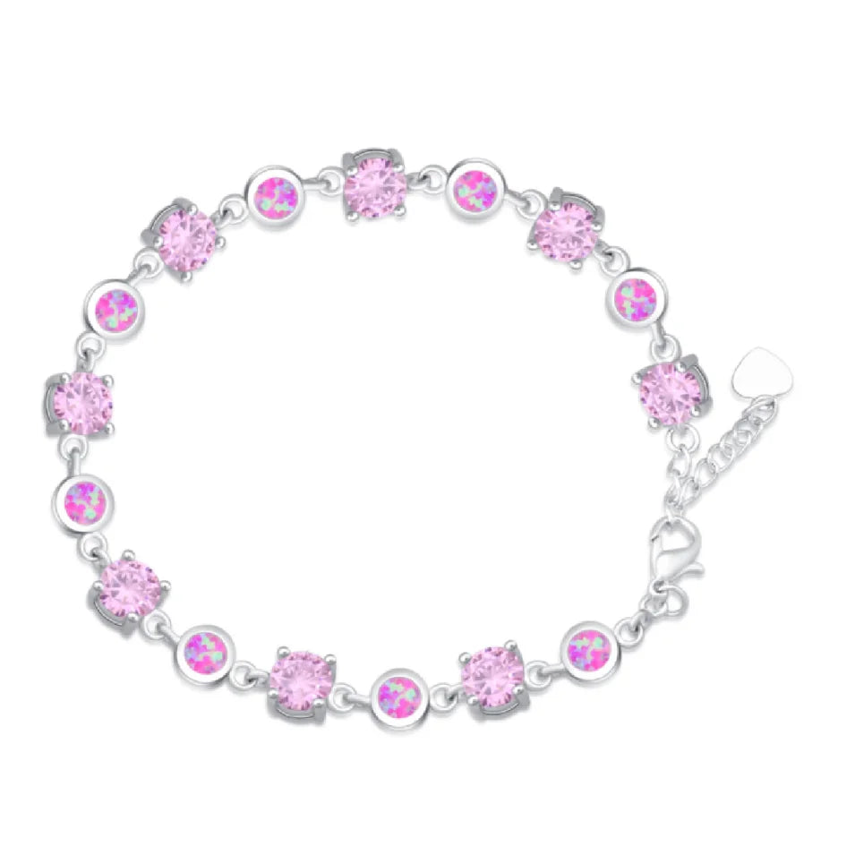 Women's Adjustable Heart Charm Bracelet Pink Opal Cubic Zirconia Silver Plated Chain Designer Jewelry Valentine Gift for Women