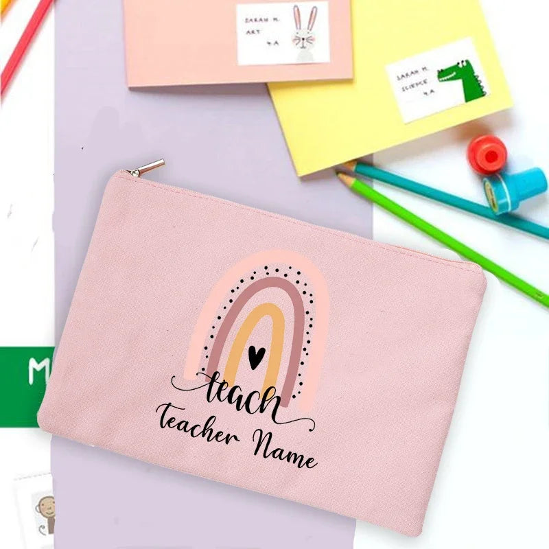 Rainbow Teacher Print Custom Name Personalized Supplies Storage Bags Travel Wash Pouch Makeup Bag Gifts Stationery Pencil Case