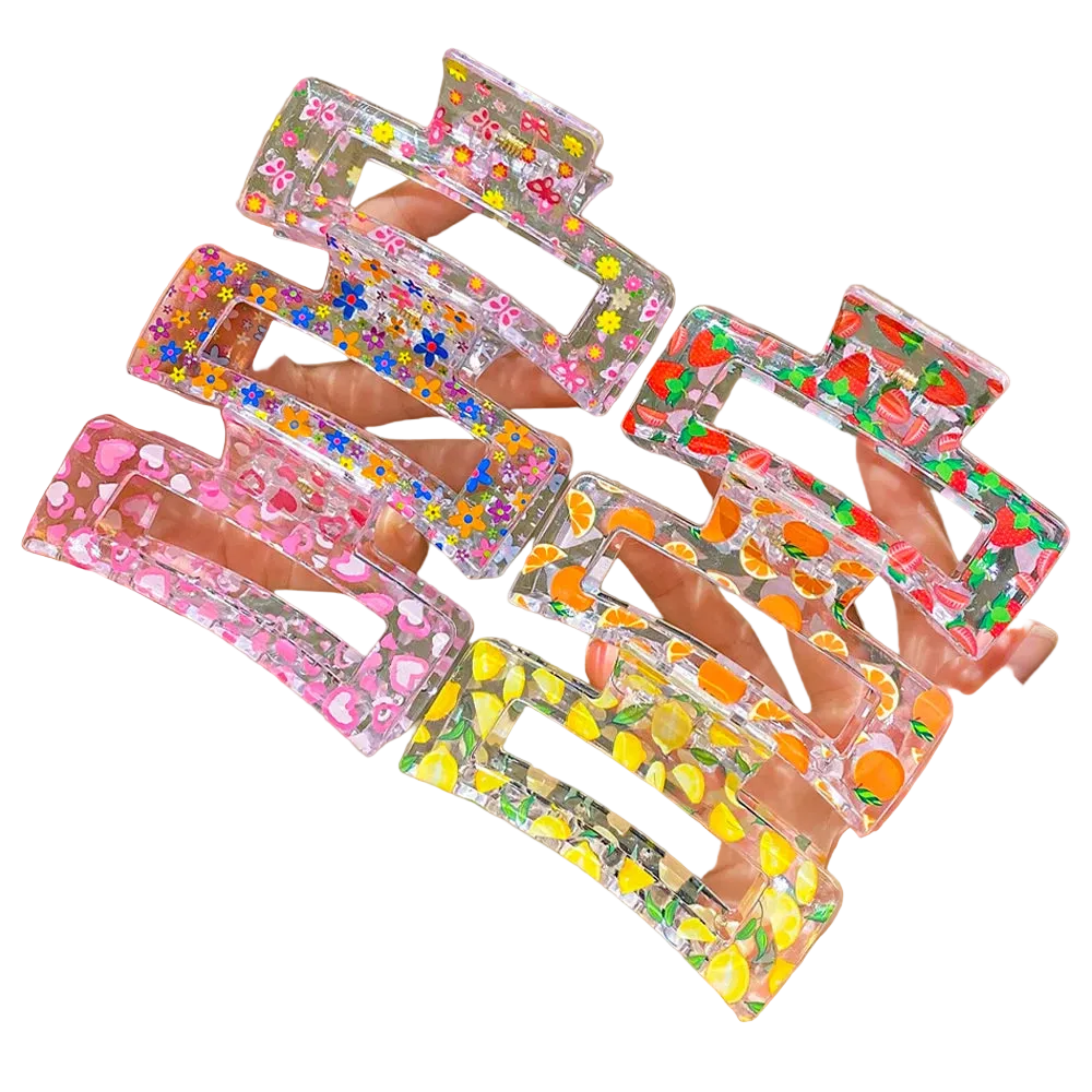 6 square fruit printed hair claws for women, simple and elegant, suitable for daily travel