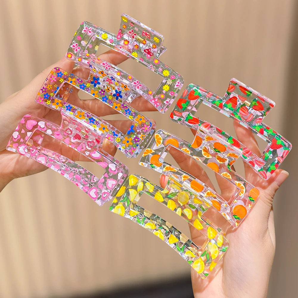 6 square fruit printed hair claws for women, simple and elegant, suitable for daily travel