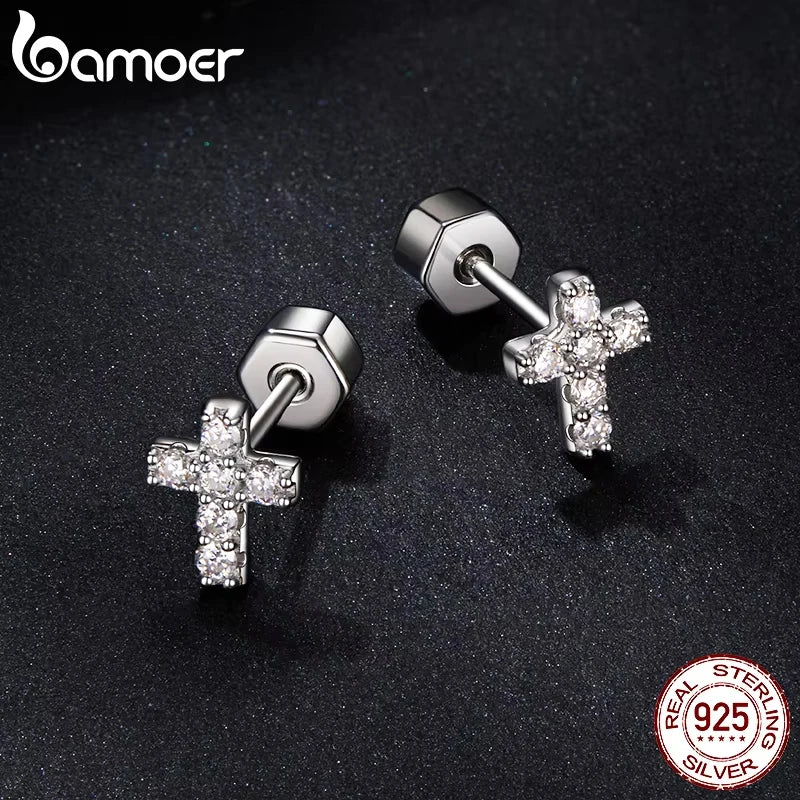 BAMOER White Gold Plated Moissanite Cross Earrings for Women, 925 Sterling Silver Small Religious Faith Cross Studs Huggies