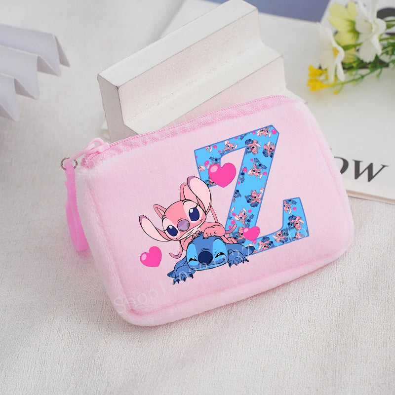Disney Stitch Plush Coin Purse Cute Anime Cartoon A-Z Letter Stich Printed Wallet Kawaii Girls Earphone Storage Zipper Bag Gifts