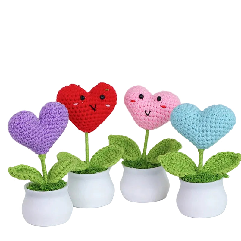 Hemasa Heart Shape Knitted Flowers Potted Colourful Crochet Plant Wedding Gift Creative Artificial Flower Car Desktable Decor
