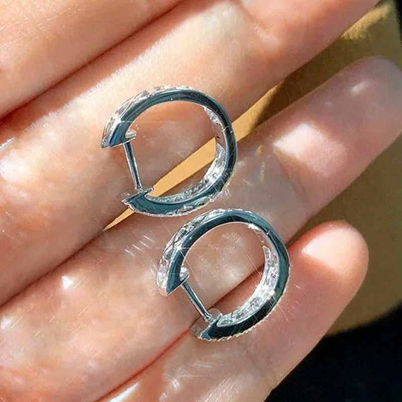 Huitan Women Hoop Earrings Inlaid Dazzling Cubic Zirconia Simple Circle Design Party Daily Accessories Versatile Trendy Jewelry