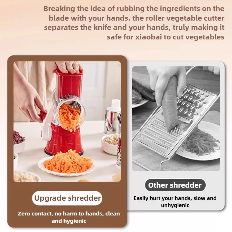 Tejesa 3-in-1 manual vegetable cutting machine with 3 sharp rollers, cheese, potatoes, garlic, kitchen cooking accessories