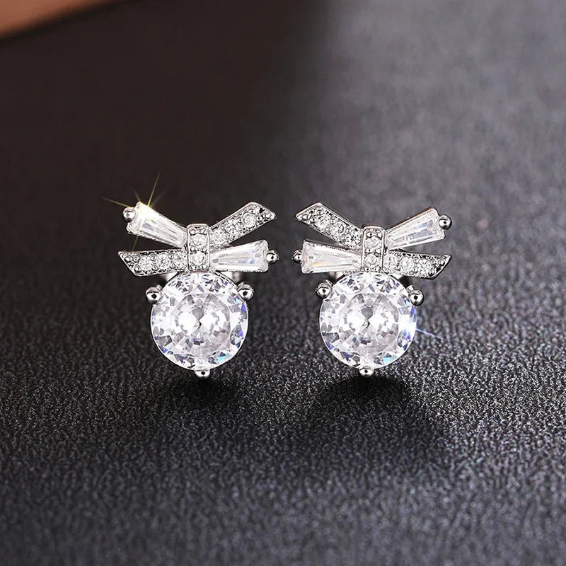 Huitan Chic Shining Zirconia Stud Earrings for Women Delicate Bowknot Accessories for Engagement Graceful Lady Daily Jewelry