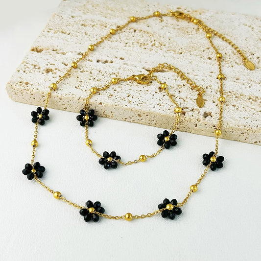 ALTERA Bohemia Handmade Black Crystal Flowers Charm Jewelry Set for Women Gold Plated Stainless Steel Beads Chain Jewelry Beach